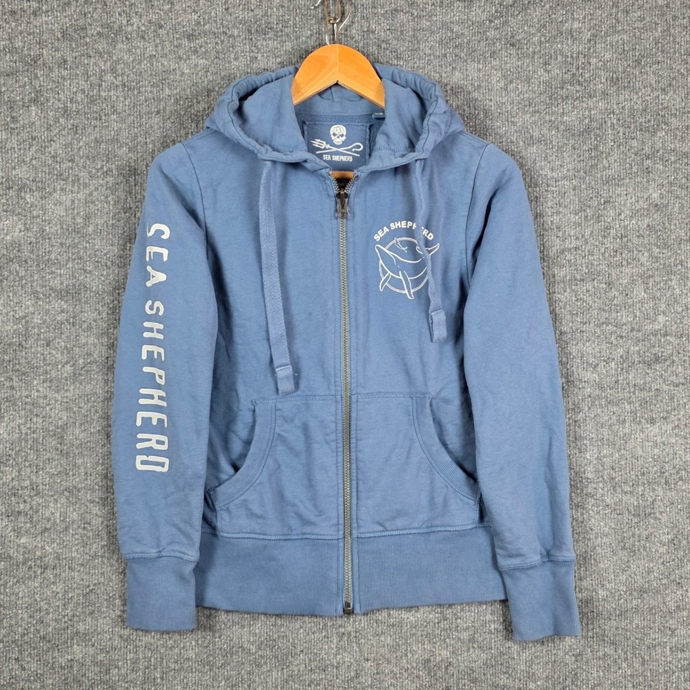 Sea Shepherd Organic Cotton Full Zip Hoodie Blue Ocean Wildlife Graphic Small